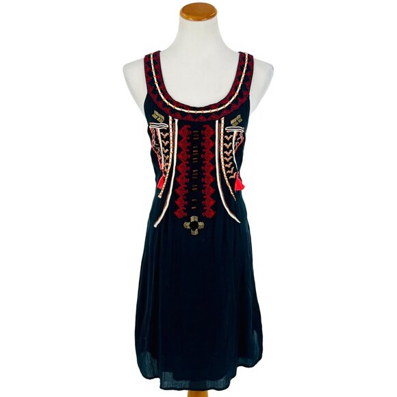 VINTAGE Free People Black Boho Embroidered Dress • Tassel Cutout Back Y2K Hippie - Picture 3 of 16